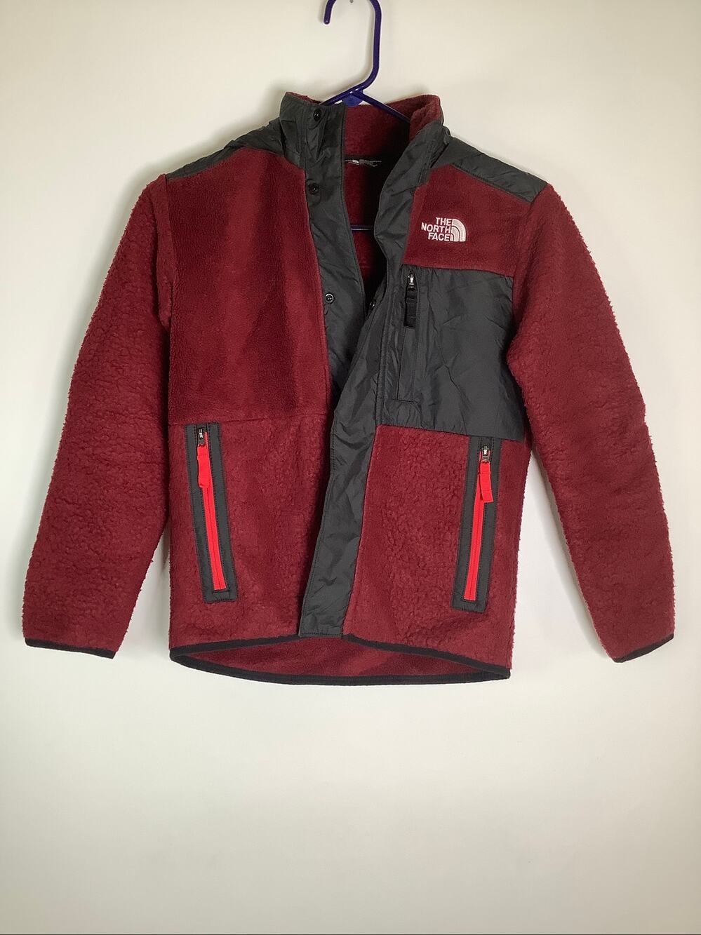 The North Face Boy's M Red Black Forrest Fleece Mashup Cozy Hooded Jacket U4-8
